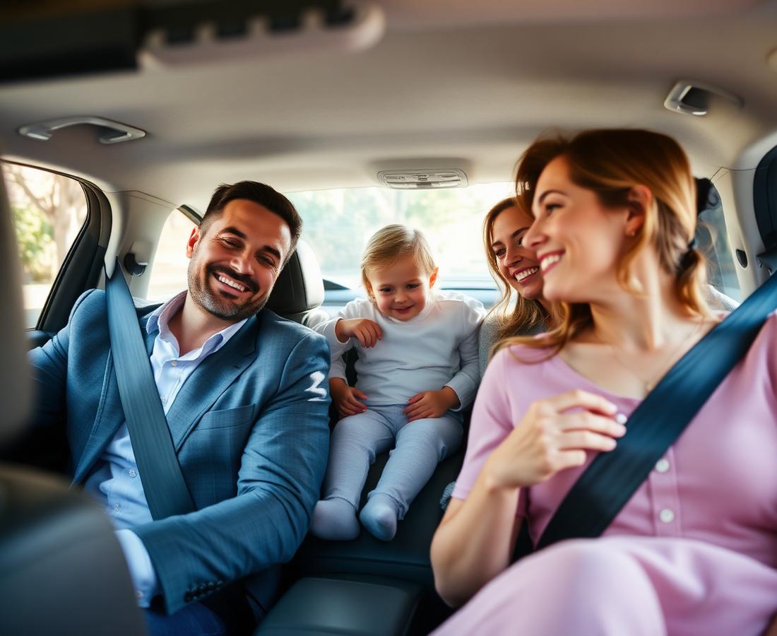 Happy family inside premium chauffeur car